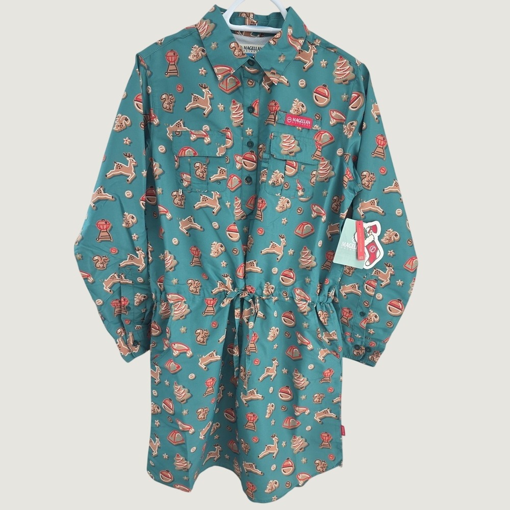 Magellan Outdoors Womens Holiday Gingerbread Fish Gear Shirt Dress Teal Medium